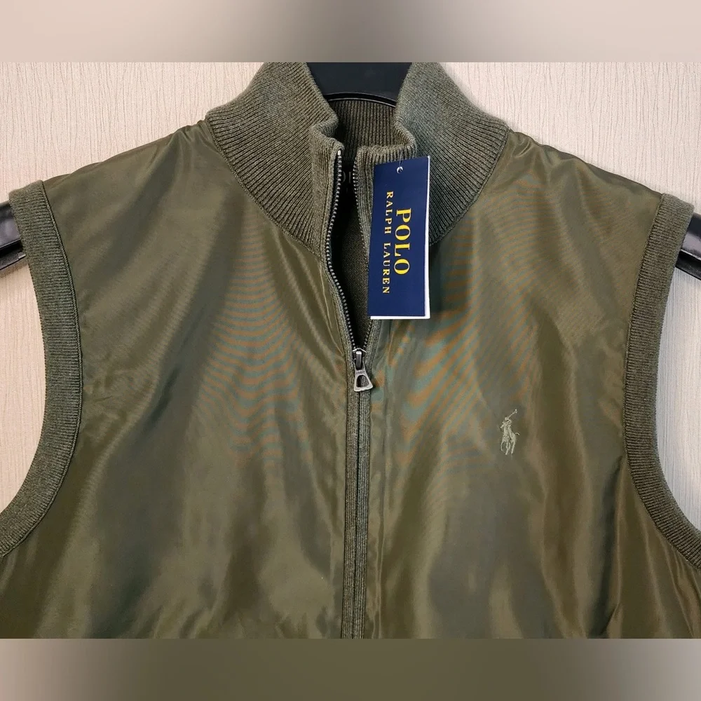 Polo Ralph Lauren Men's Olive Woven Knit Fully Lined Zipper Front Hybrid Vest - Picture 6 of 13